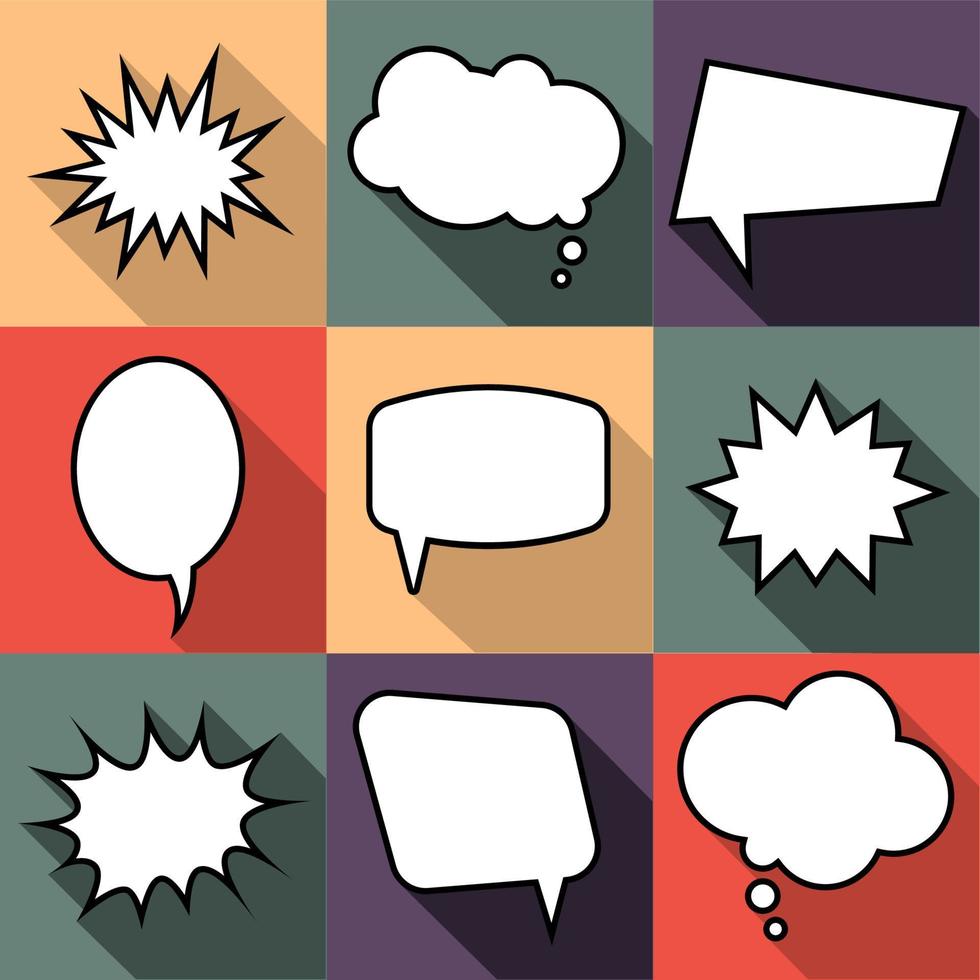 Set of nine cartoon comic balloon speech bubbles in flat style. Elements of design comic books without phrases. Vector illustration