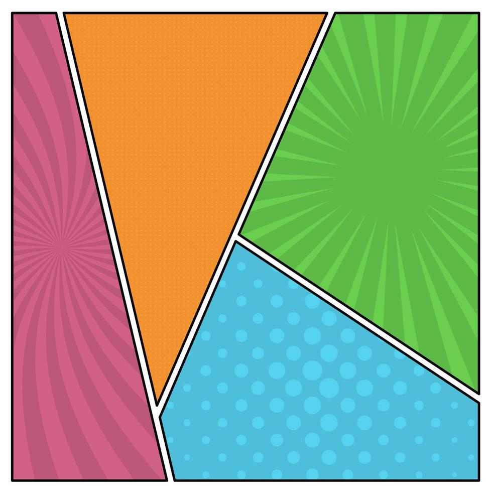 colorido fondo de página de cómic en estilo pop art. plantilla vacía con patrón de rayas y puntos. ilustración vectorial vector
