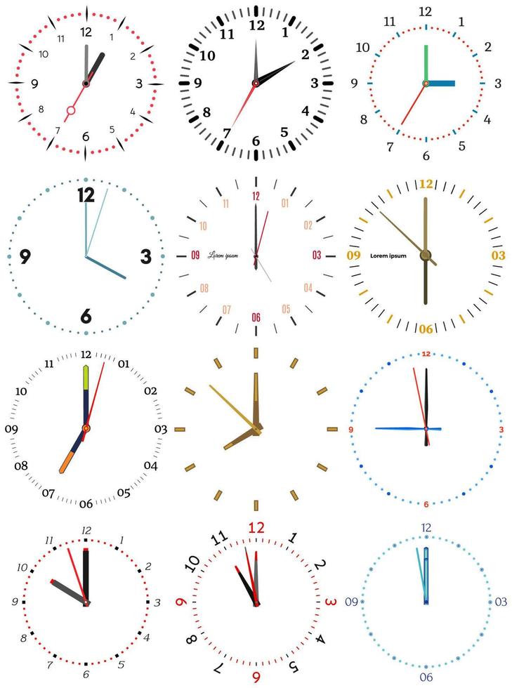 un conjunto de diferente mecánico relojes con un imagen de cada de el doce horas. reloj cara en blanco antecedentes. vector