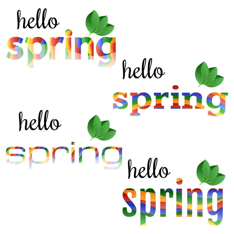 conjunto de vistoso frases Hola primavera con verde hojas. vector