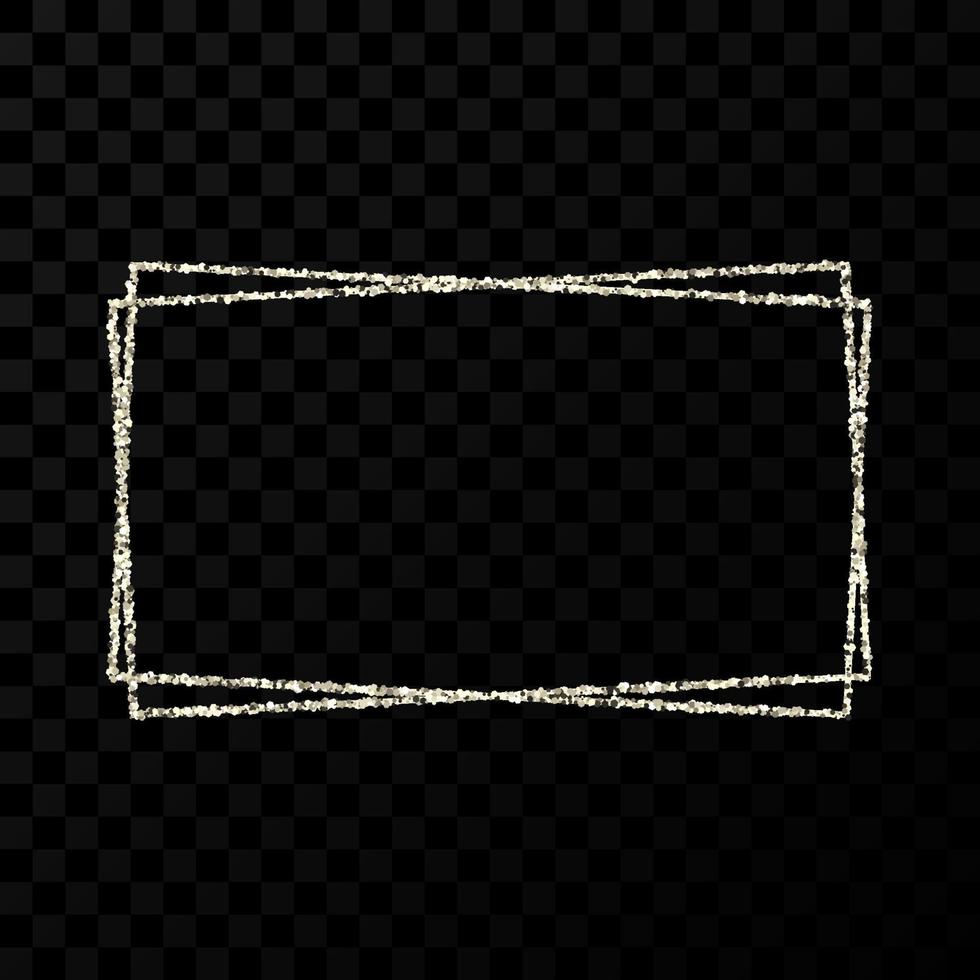 Silver double rectangle frame. Modern shiny frame with light effects isolated on dark vector