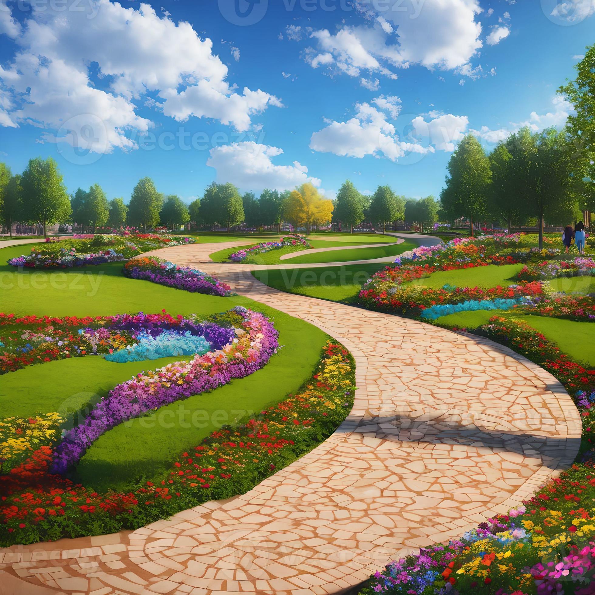 illustration landscape view of outdoor garden path walkway with flower