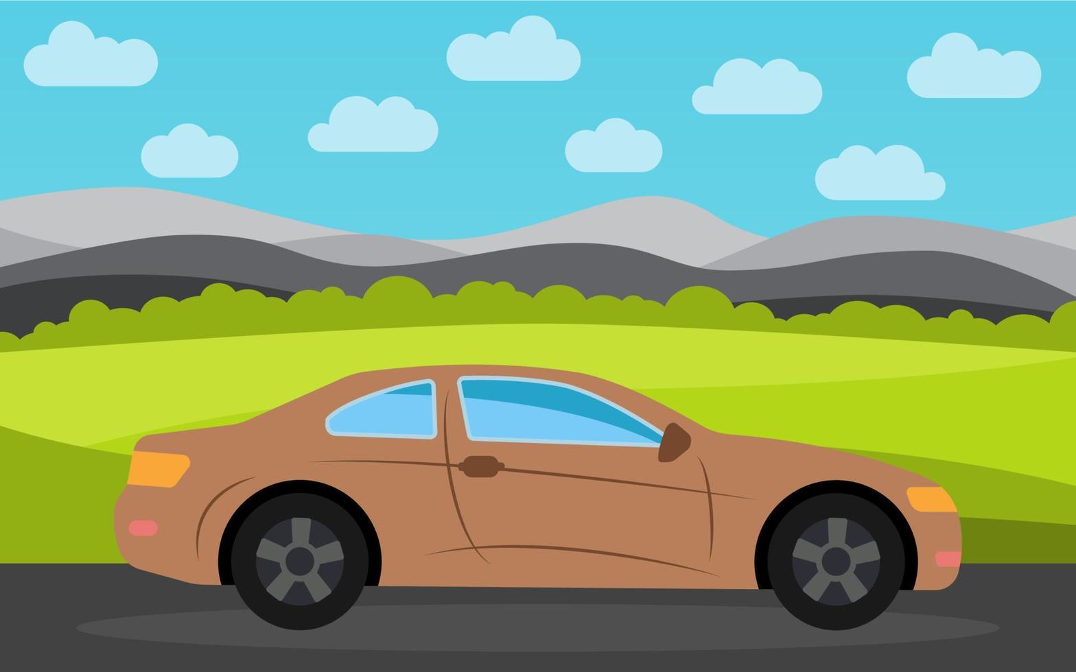 Brown sports car in the background of nature landscape in the daytime. Vector illustration.