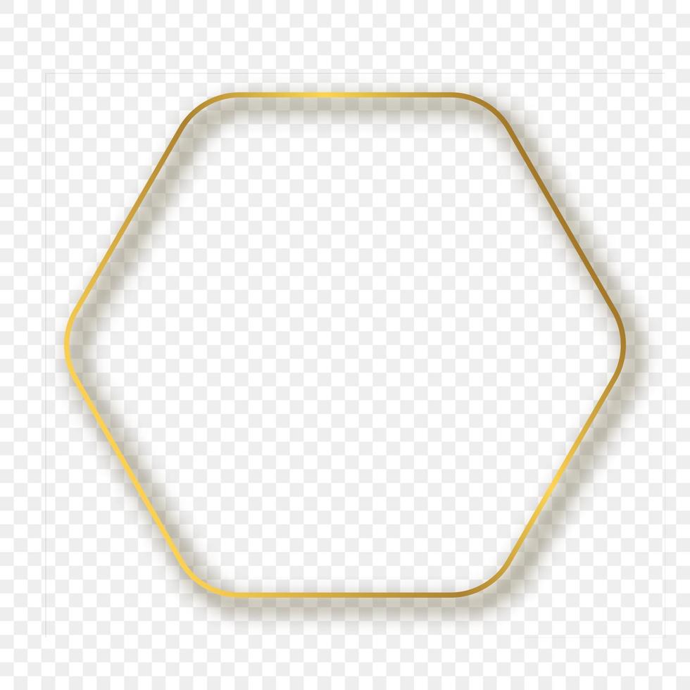 Gold glowing rounded hexagon frame with shadow isolated on background. Shiny frame with glowing effects. Vector illustration.