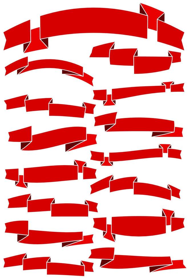 Set of fifteen red cartoon ribbons and banners for web design. Great design element isolated on white background. Vector illustration.