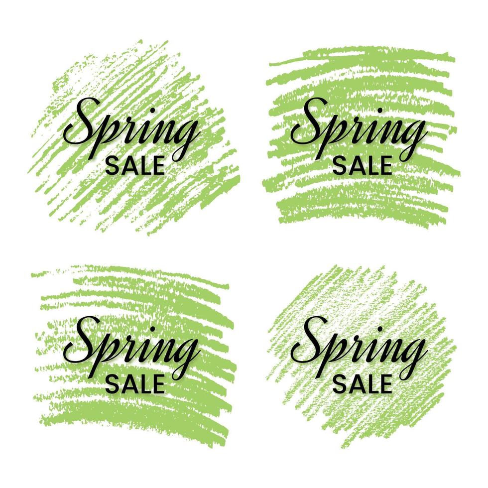 Set of four Spring Sale Banners on Green Scribble Smear. Hand drawn Pencil Scribble. Vector illustration.