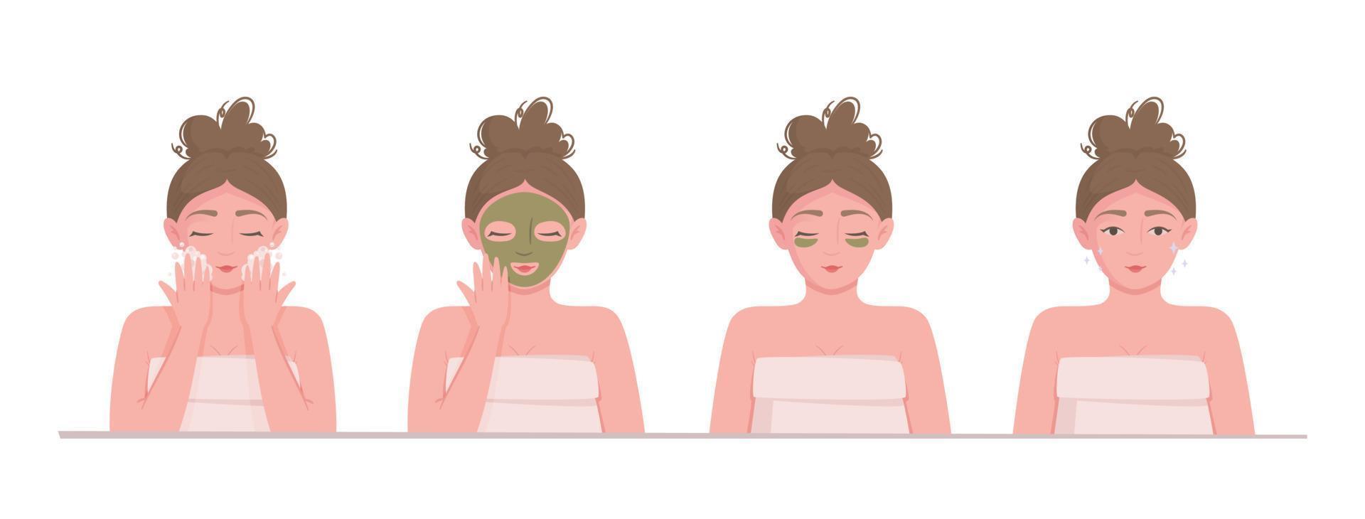 Vector illustration of a facial care set. All stages of facial care. Facials. Masks, patches, gel, cheesecloth, facial cream.