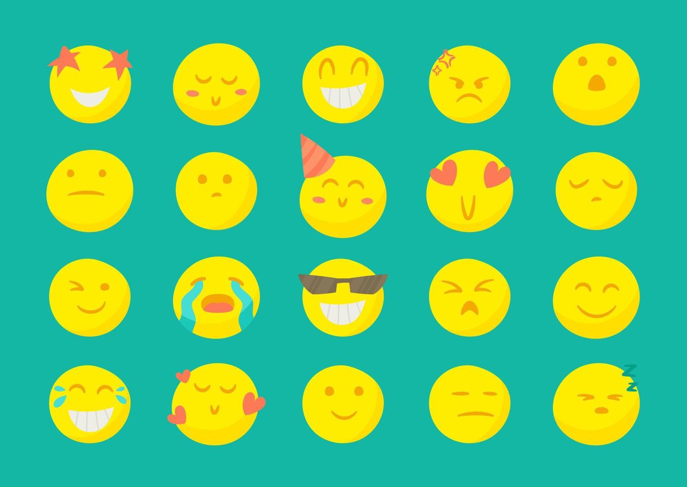 20 brillante dibujos animados sonriente caras. grande conjunto de reacciones vector