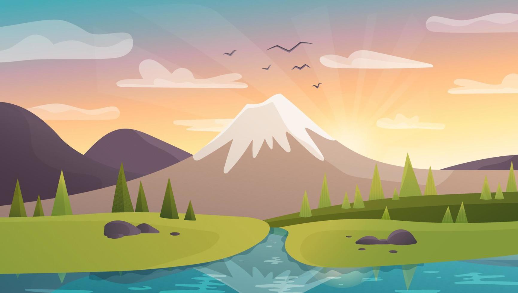 Vector illustration of a beautiful, bright sunrise landscape.