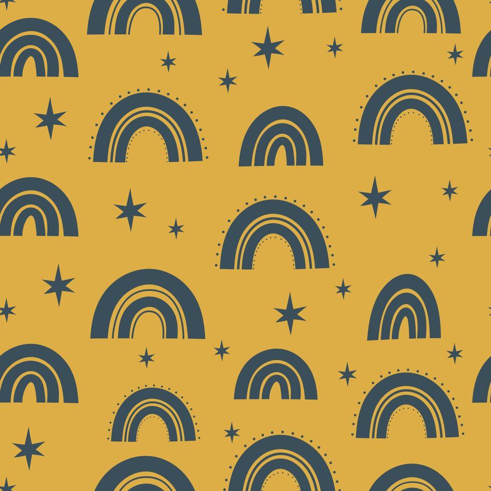 Children's pattern with rainbows and stars. Vector illustration of rainbow print on ginger background. Infinite cartoon style pattern for wallpaper, bedding, backgrounds, etc.
