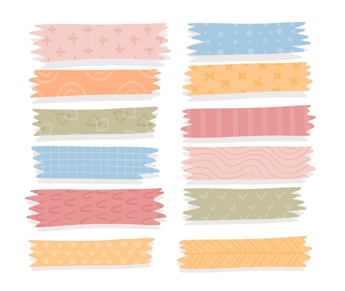 A set of different decorative ribbons. Vector illustration of scotch tape with different patterns. Bright scotches on white background.