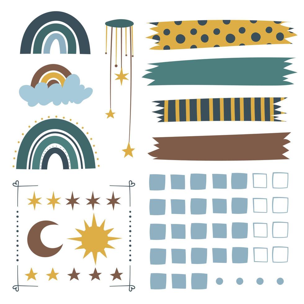 Vector illustration of Ribbon bujo. Large, bright set on a white background. Beautiful rainbows, stars, clouds, ribbons in children's style.
