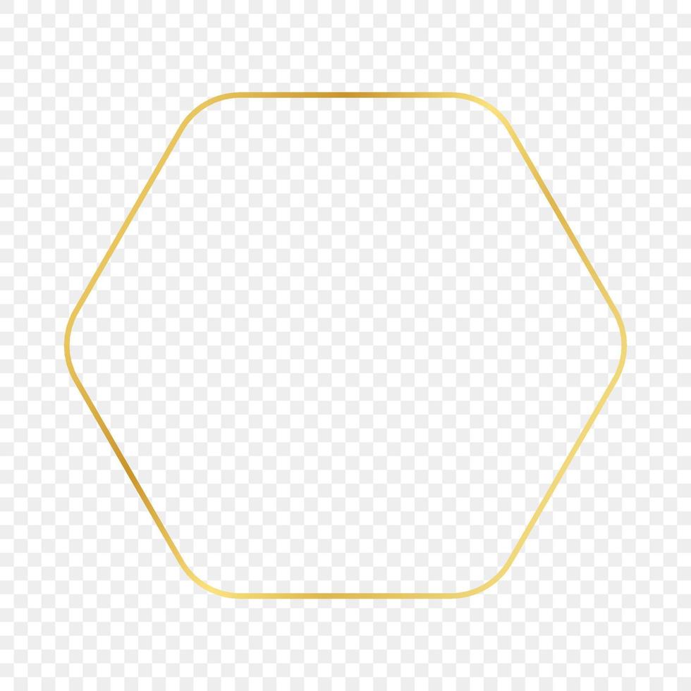 Gold glowing rounded hexagon frame isolated on background. Shiny frame with glowing effects. Vector illustration.