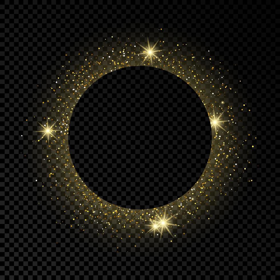 Golden circle frame with glitter, sparkles and flares on dark background. Empty luxury backdrop. Vector illustration.