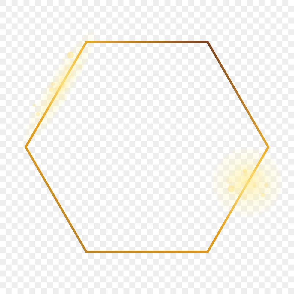 Gold glowing hexagon frame isolated on background. Shiny frame with glowing effects. Vector illustration.