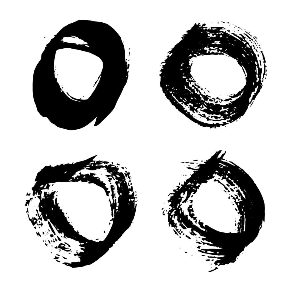 Black grunge brush strokes. Set of four painted rounded shapes. Ink circle spot isolated on white background. Vector illustration