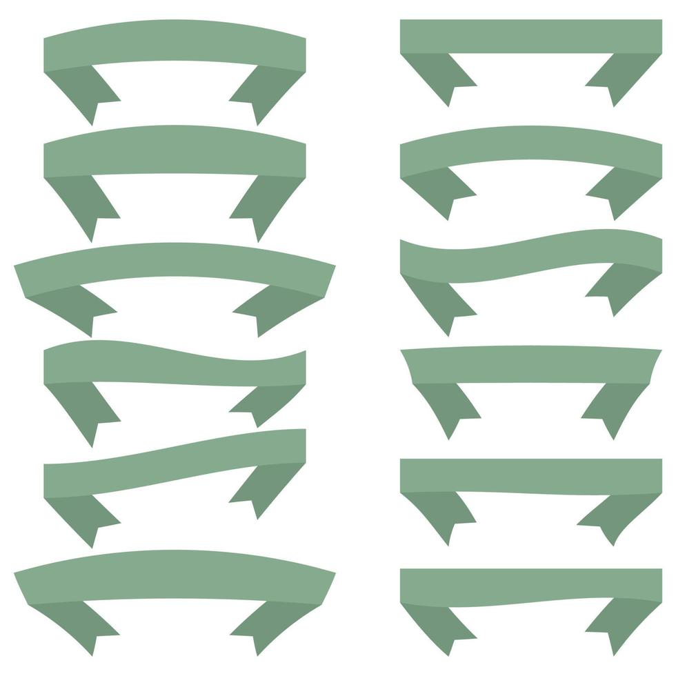 Set of twelve green ribbons and banners for web design. Great design element isolated on white background. Vector illustration.