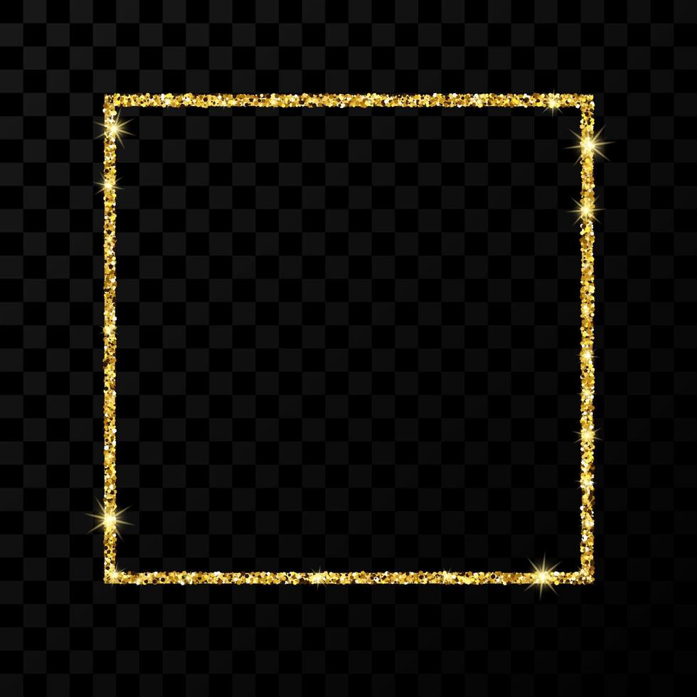 Gold glitter frame. Square frame with shiny stars and sparkles on dark vector