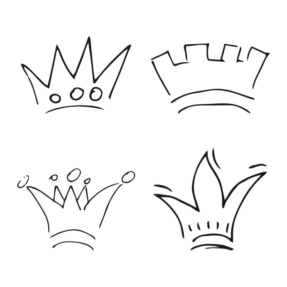 Hand drawn crowns. Set of four simple graffiti sketch queen or king crowns. Royal imperial coronation and monarch symbols vector