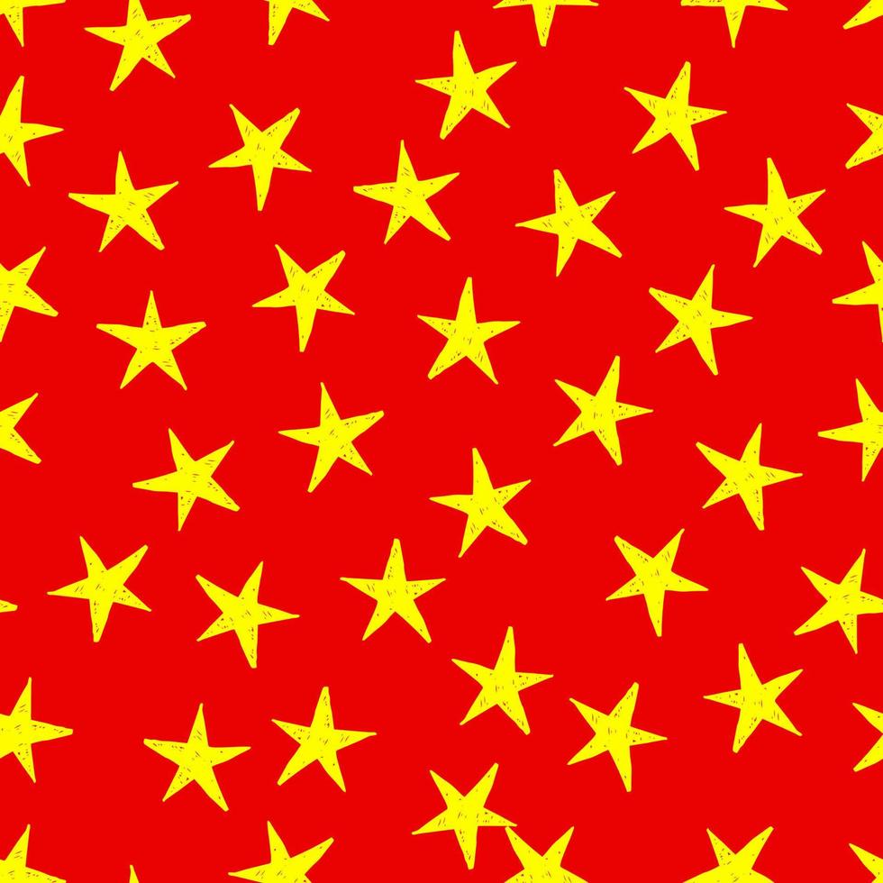 Seamless background of doodle stars. Yellow hand drawn stars on red background. Vector illustration