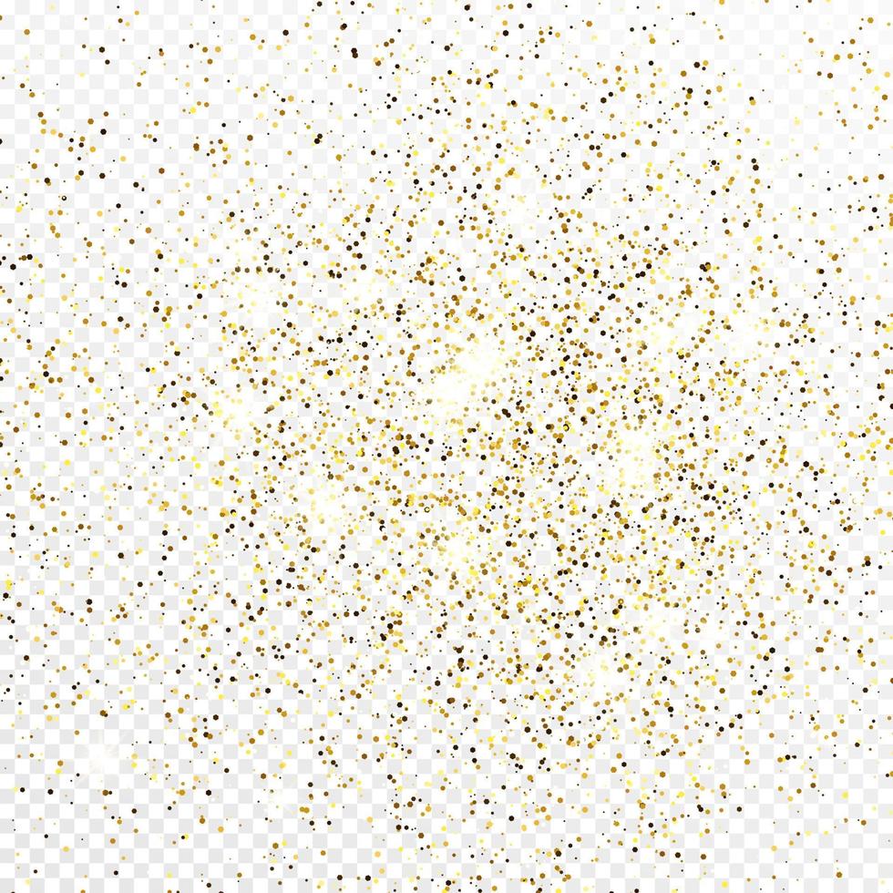 Gold glitter confetti backdrop isolated on white background. Celebratory texture with shining light effect. Vector illustration.