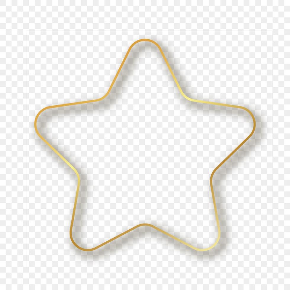 Gold glowing rounded star shape frame with shadow. Shiny frame with glowing effects. Vector illustration.