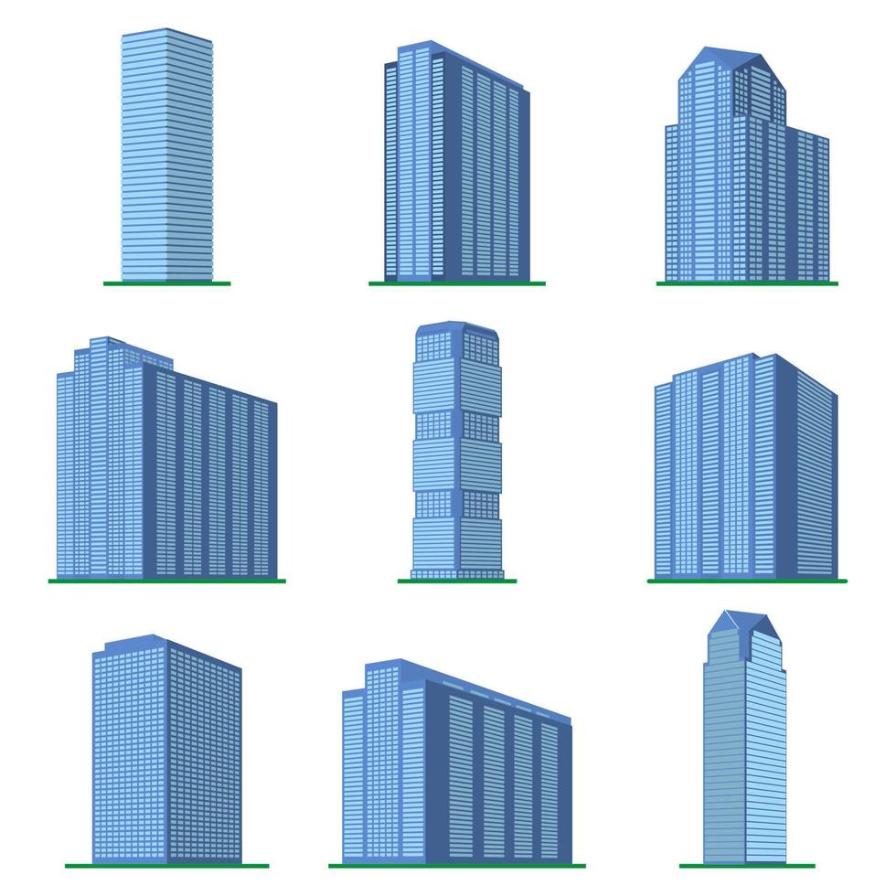 Set of nine modern high-rise building on a white background. View of the building from the bottom. Isometric vector illustration.