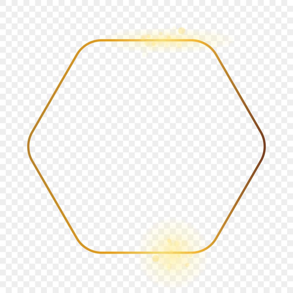 Gold glowing rounded hexagon frame isolated on transparent background. Shiny frame with glowing effects. Vector illustration.