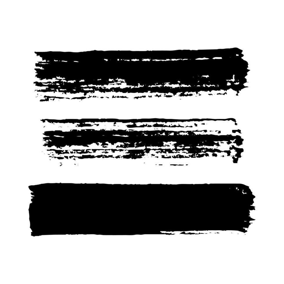 Black grunge brush strokes. Set of three painted brush ink stripes. Ink spot isolated on white background. Vector illustration