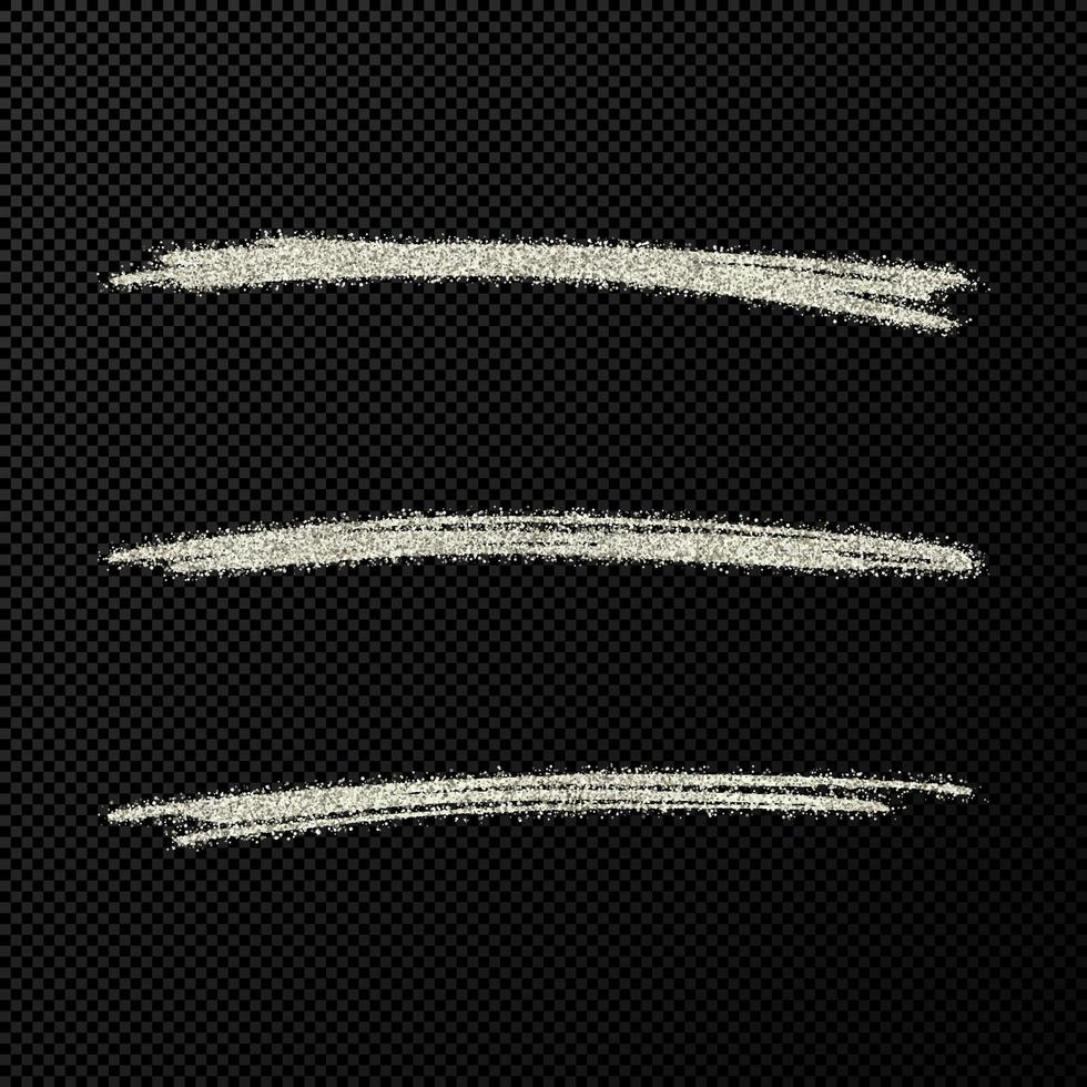 Abstract shiny confetti glittering waves. Set of three hand drawn brush silver strokes on black vector