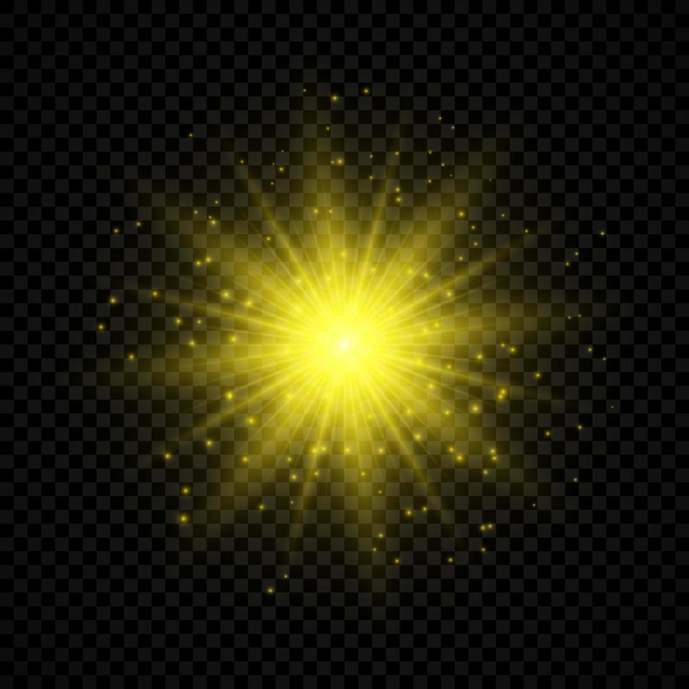 Light effect of lens flares. Yellow glowing lights starburst effects with sparkles vector