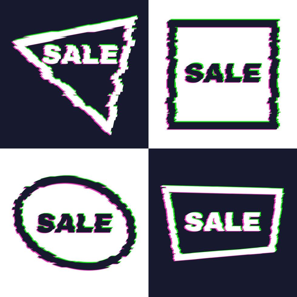 Set of four distorted glitch sale banners with error effect on the edges and in text. Vector illustration.