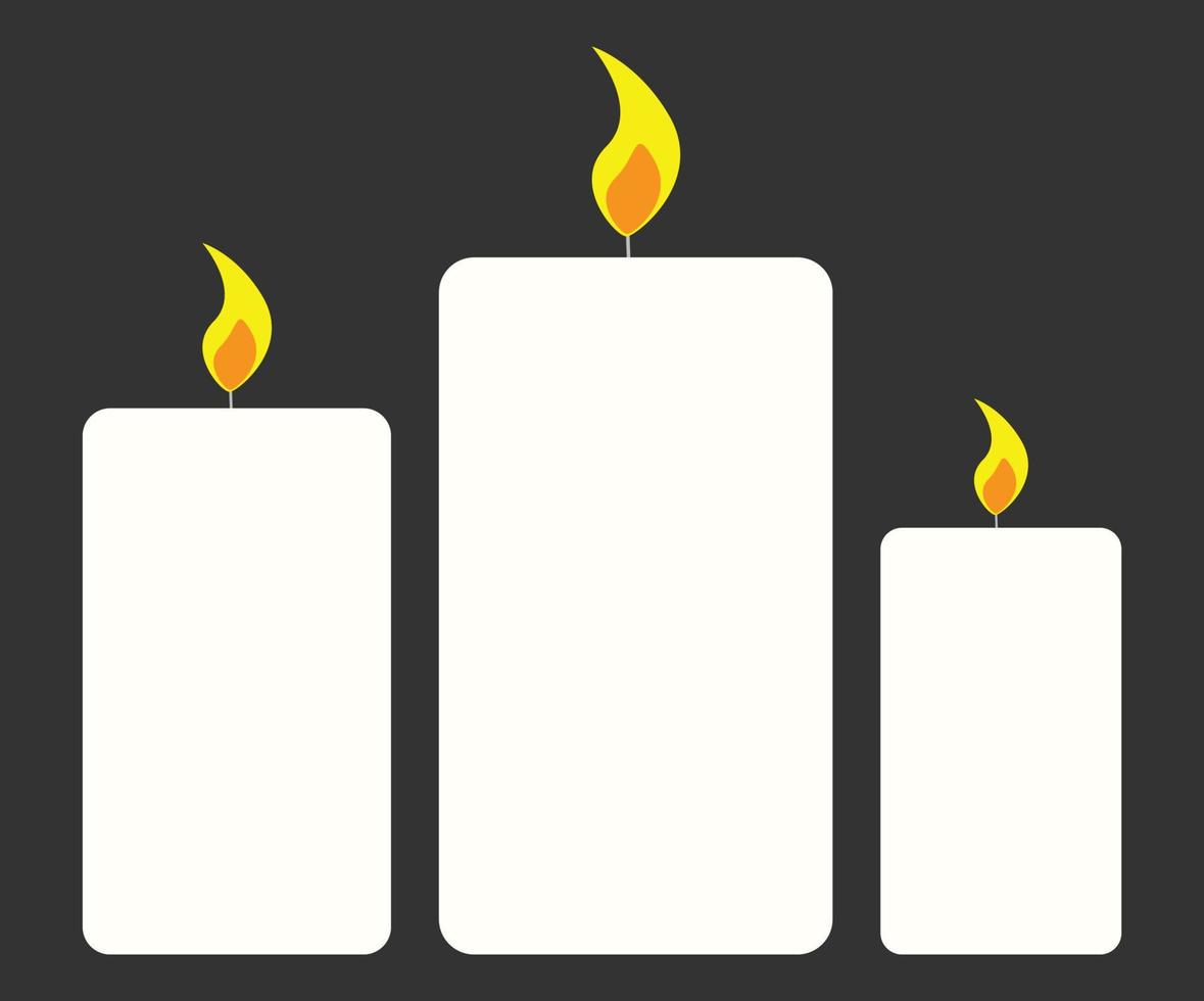 sencillo velas, blanco velas con diferente tamaños, velas colocar, fuego con fuego colores, vela vector ilustración, bandera y firmar, adecuado para decoración y interior diseño carteles, dibujos animados estilo