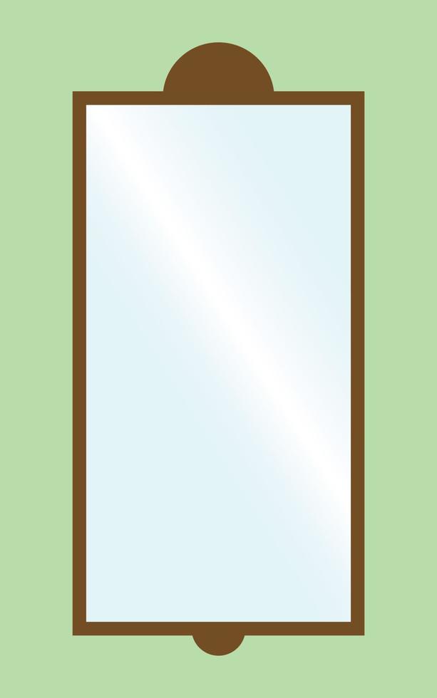 A simple mirror with a wooden frame, light blue color with white reflection and brown wood and green background, furniture and in home object, interior design element, mirror illustration vector