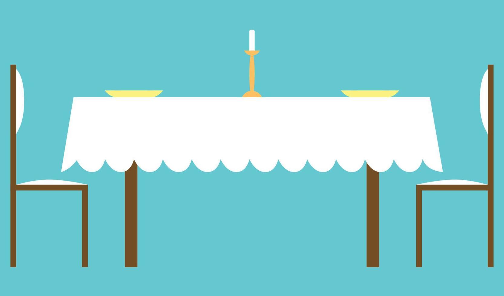 un sencillo mesa con sillas y vela y platos, blanco mesa cubrir, madera sillas y mesa , candelero , platos , mesa para restaurante y hogar , mesa configuración, cocina presentación y bandera vector