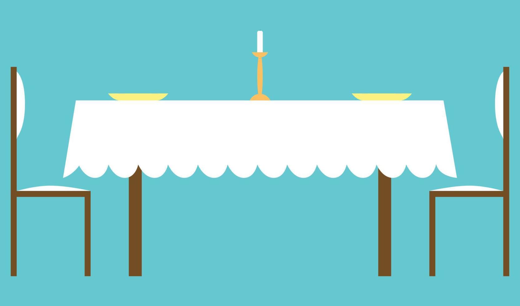 A simple table with chairs and candle and plates, white table cover, wood chairs and table , candlestick , dishes , table for restaurant and home , table setup, cuisine presentation and banner vector