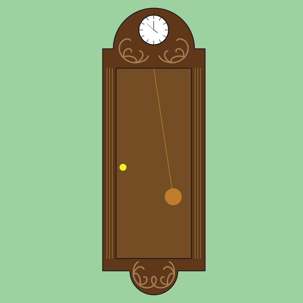 An antique pendulum clock with a smooth carving, wooden clock, old clock design, antique style, analog clock illustration vector, educational, brown and green colors, suitable for vintage home design vector