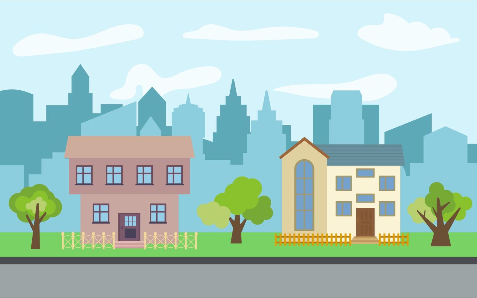 Vector city with two two-story cartoon houses and green trees in the sunny day. Summer urban landscape. Street view with cityscape on a background