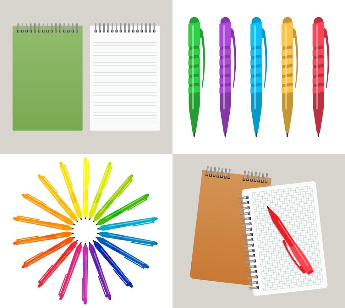 Set of four vector illustration with notebooks, pens and pencils.