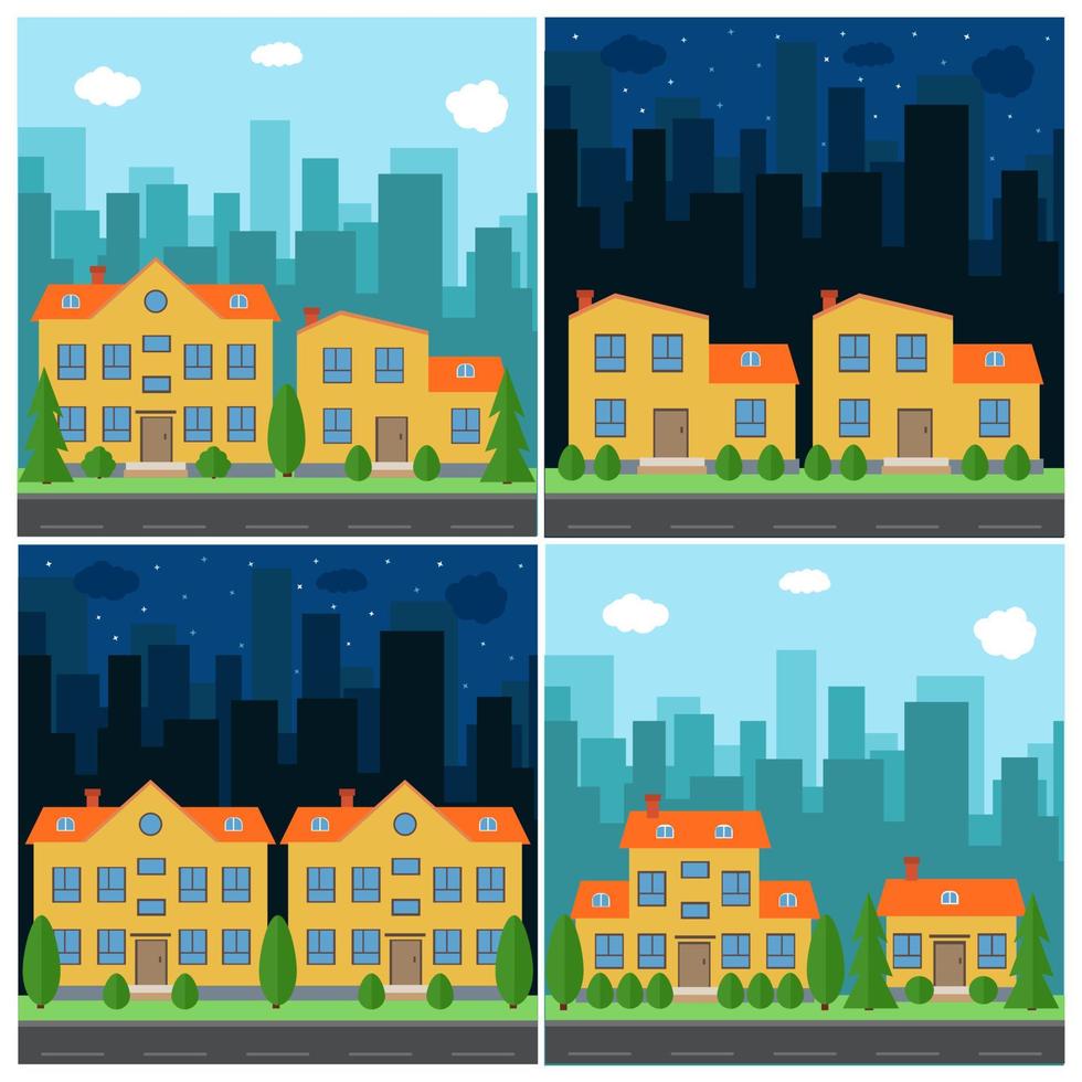 Set of vector day and night city with cartoon houses and buildings. City space with road on flat style background concept. Summer urban landscape