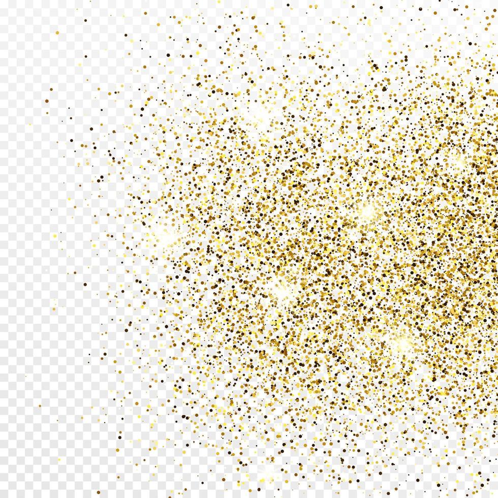 Gold glitter confetti backdrop isolated on white transparent background. Celebratory texture with shining light effect. Vector illustration.