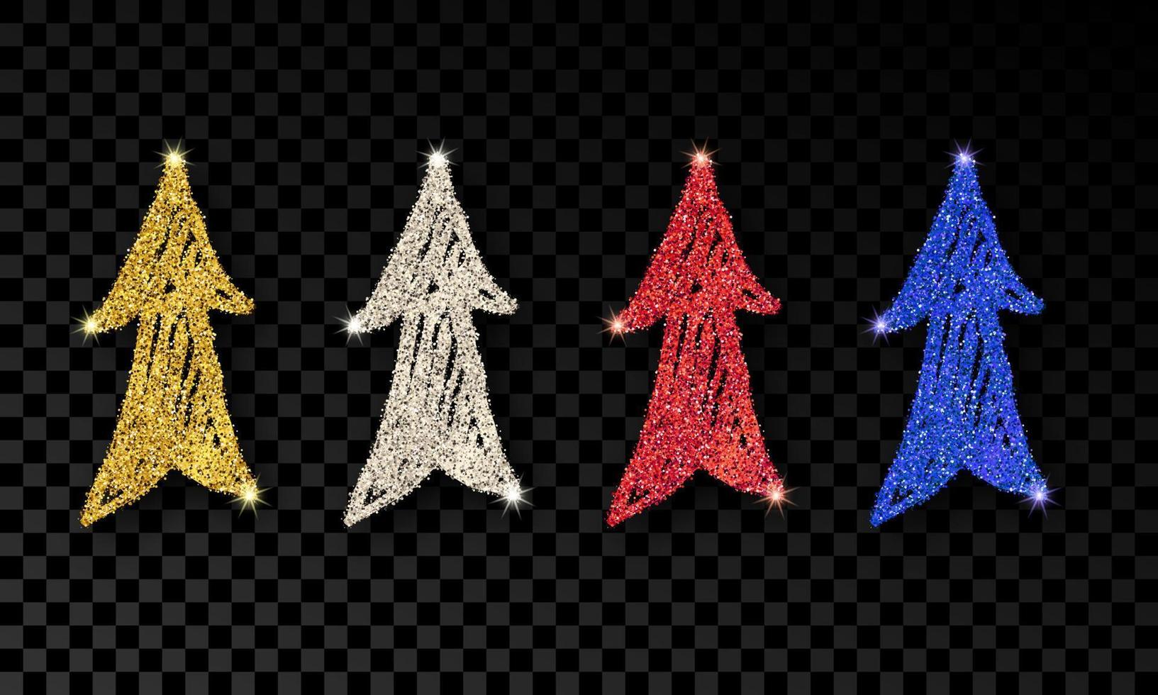 Set of four doodle hand drawn arrows with gold, silver, blue and red glitter effect on dark background. Vector illustration