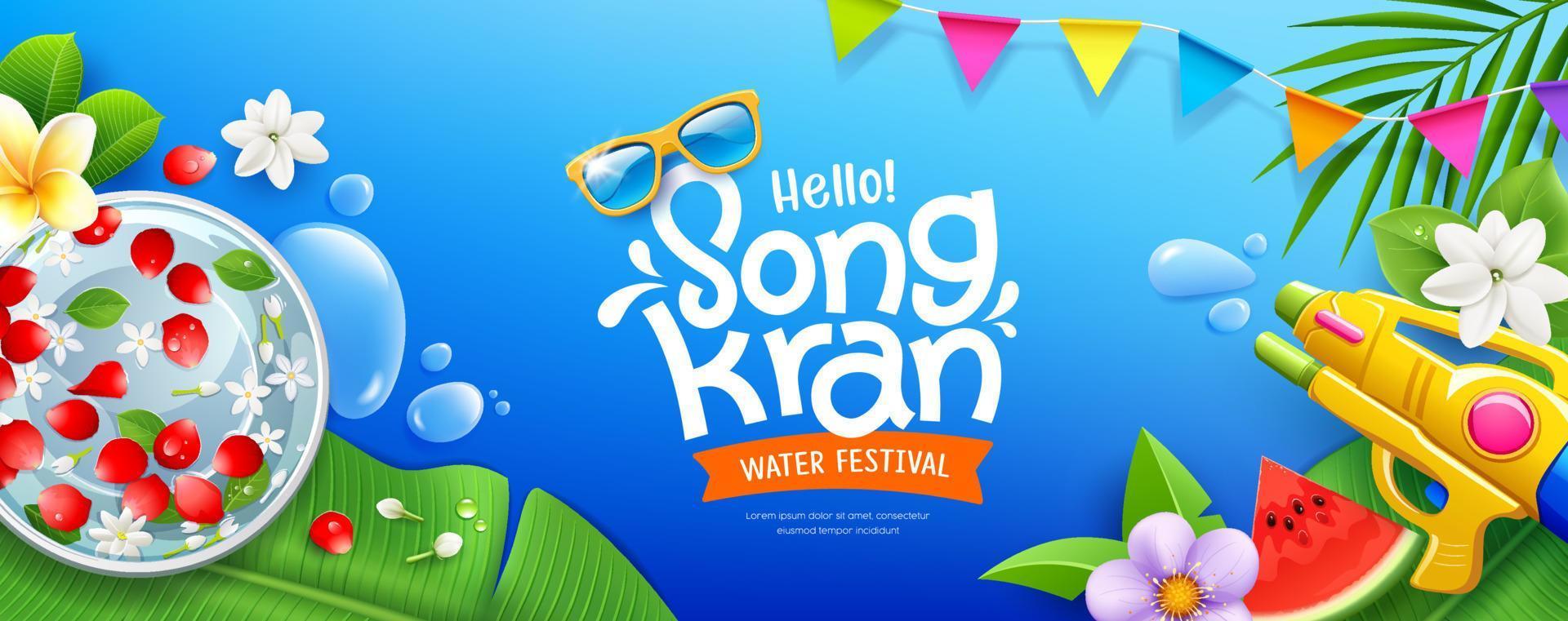 Songkran festival tailandia, jazmín, agua y flor en bol, Coco hoja, plátano hoja, pistola agua, agua soltar y bandera pancartas póster diseño en azul fondo, eps 10 vector ilustración