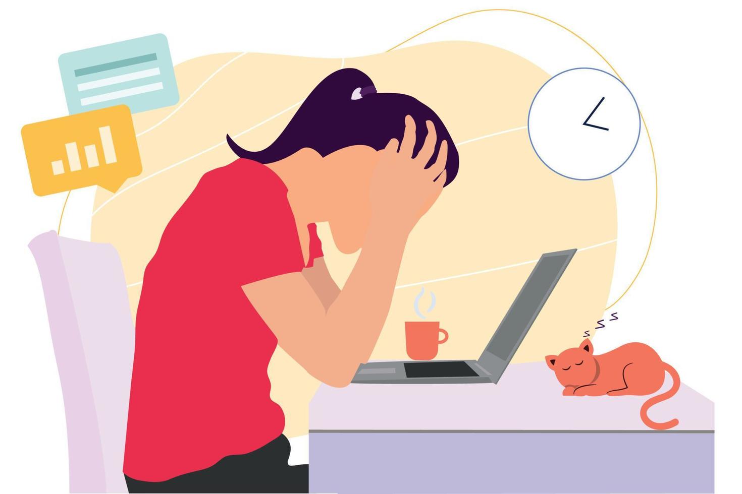 Thoughtful female writer going through creative crisis and doubts while writing new article or novel. cartoon illustration vector