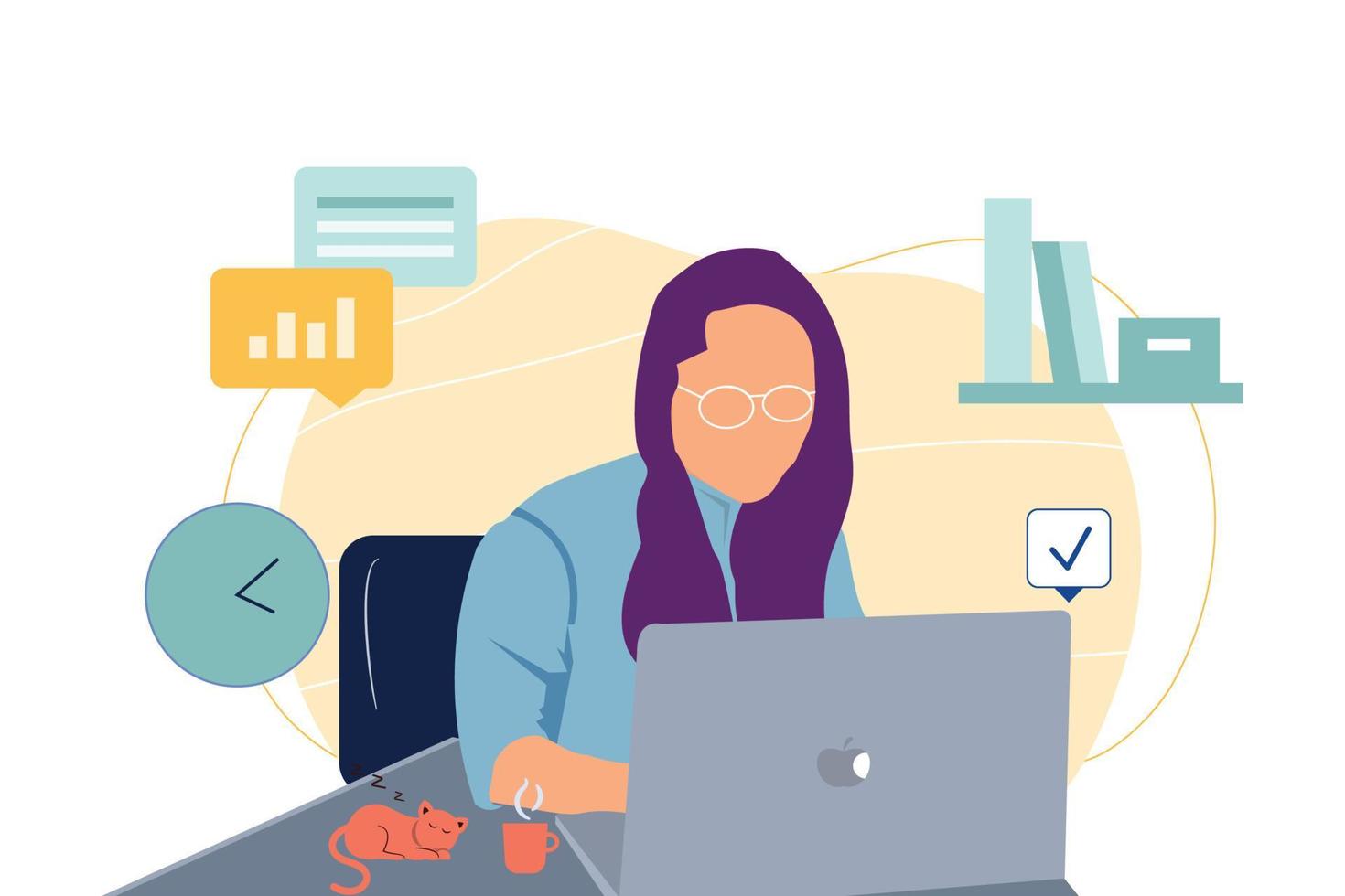 Thoughtful female writer going through creative crisis and doubts while writing new article or novel. cartoon illustration vector