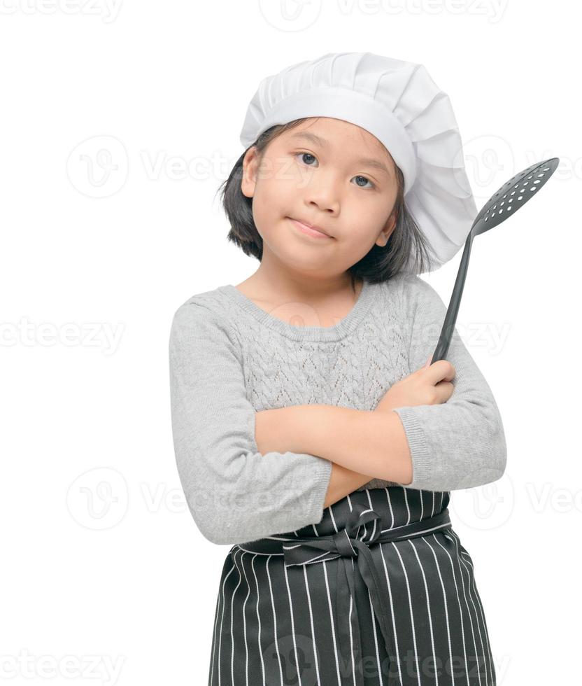 cute girl chef hold utensils cooking isolated photo