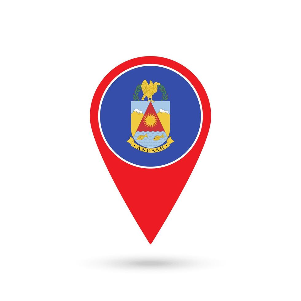 Map pointer with Department of Ancash Flag. Peru. Vector Illustration.