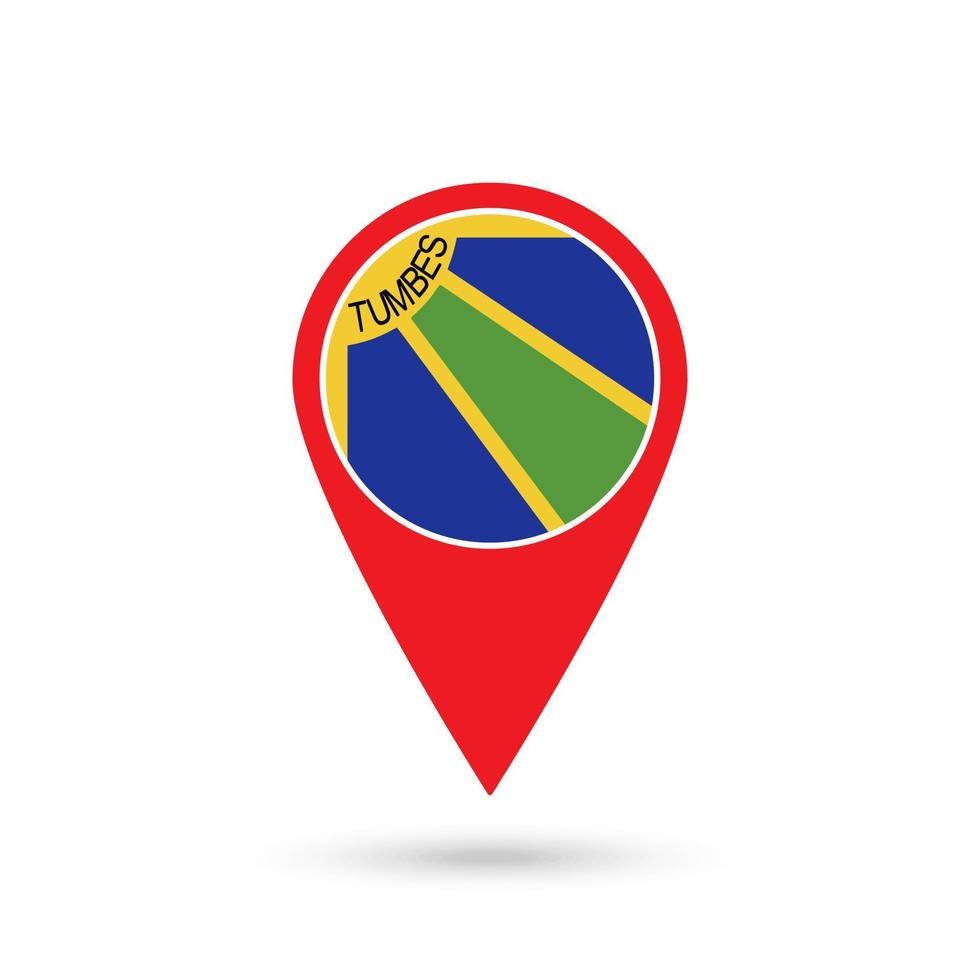 Map pointer with Department of Tumbes Flag. Peru. Vector Illustration.