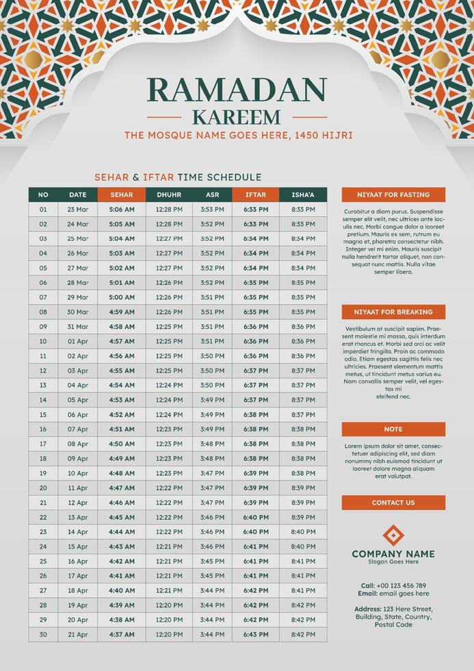 Ramadan Kareem Hijri Arabesque Calendar Template Design vector