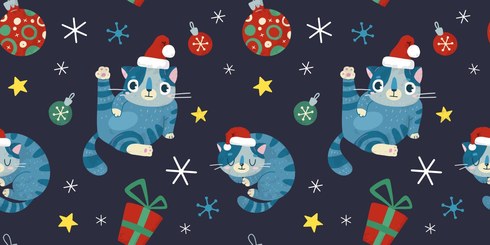 Christmas and New Year holiday vector seamless pattern with cute cat.